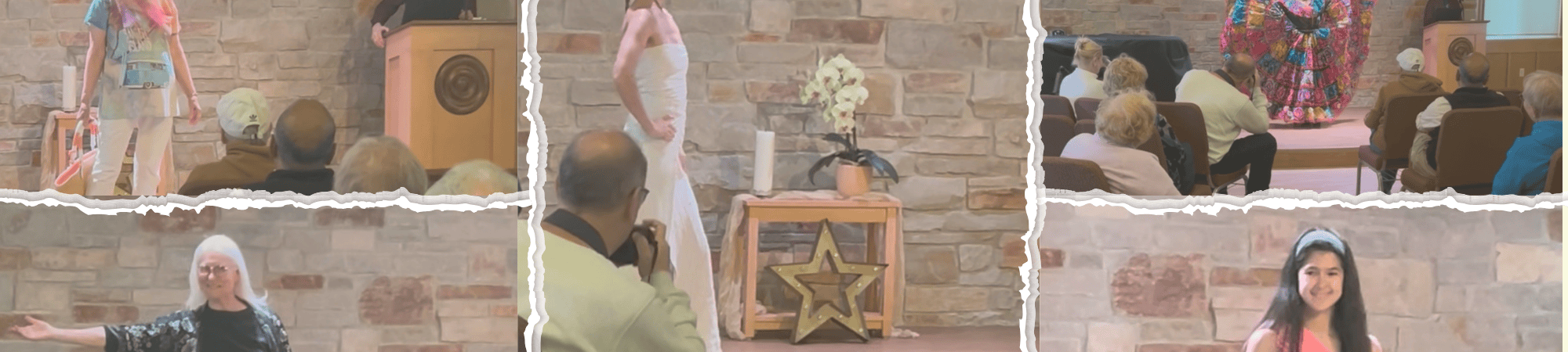 Five photos of women in second-hand clothes on stage at Unity of Madison