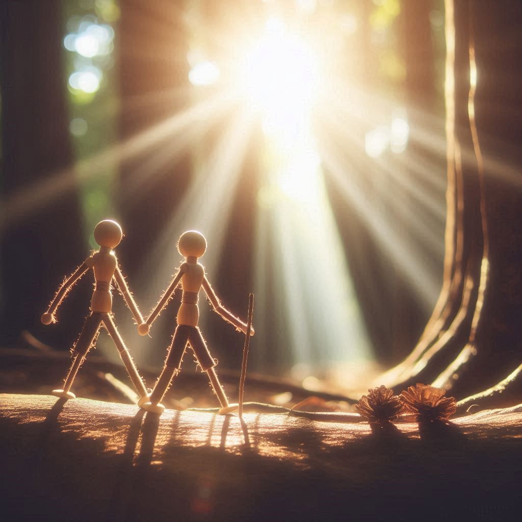 Stick people walking in nature